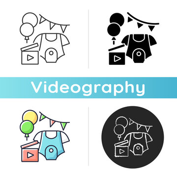 Baby Shower Party Video Icon. Newborn Gender Reveal Vlog. Child Birth Announcement Video. Virtual Baby Shower. Videography. Linear Black And RGB Color Styles. Isolated Vector Illustrations