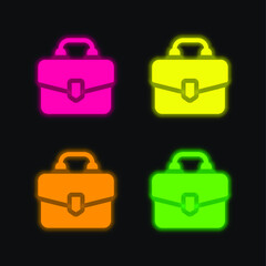 Briefcase four color glowing neon vector icon