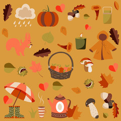 Autumn set with lettering. Cute elements collection, vector illustration in flat style

