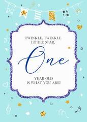 Twinkle, Twinkle, Little Star, Boy's First Birthday One Year Party Printable Invitation Card