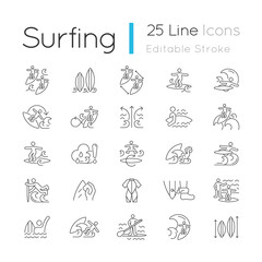 Surfing linear icons set. Recreational activity. Catching waves and learning tricks. Surf zone. Customizable thin line contour symbols. Isolated vector outline illustrations. Editable stroke