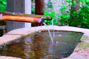 竹筒から手水鉢に流れる清らかな水