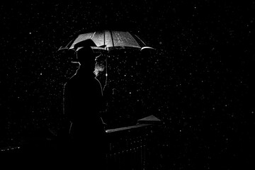 silhouette of a man in a hat under an umbrella at night in the rain in the city