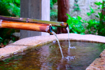 竹筒から手水鉢に流れる清らかな水