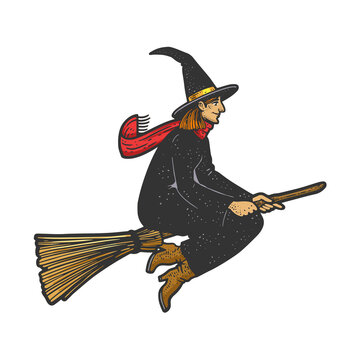 witch flying on a broom color line art sketch engraving vector illustration. T-shirt apparel print design. Scratch board imitation. Black and white hand drawn image.