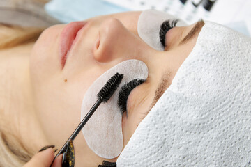 Obraz na płótnie Canvas The procedure for creating a look after the end of the eyelash extension process using a brush.
