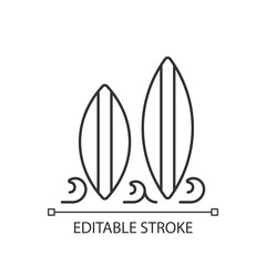 Surfboard linear icon. Long, narrow board for surfing sport usage. Recreational activity. Thin line customizable illustration. Contour symbol. Vector isolated outline drawing. Editable stroke