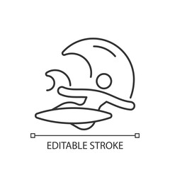 Backhand bottom turn in surfing linear icon. Performing fundamental manoeuvre. Backside turn. Thin line customizable illustration. Contour symbol. Vector isolated outline drawing. Editable stroke