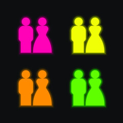Bride And Groom four color glowing neon vector icon