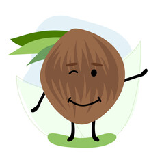 Cute cheerful coconut winks and waves hand on green background