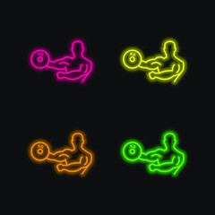 Bodybuilder Carrying Weight On One Hand Outline four color glowing neon vector icon