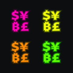Bitcoin Currency Symbol With Dollar Yens And Pounds Signs four color glowing neon vector icon