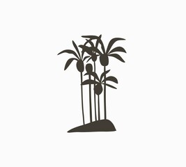 Hand drawn vector abstract stock graphic summer time cartoon,minimalistic illustrations print logo element,with beautiful tropical palm trees island silhouette isolated on white background