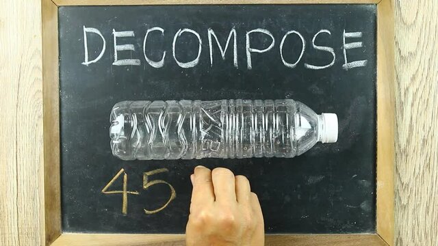 Man drawing  word  Plastic water bottle  can take up to 450 years to decompose  , in studio  Chiangmai Thailand.