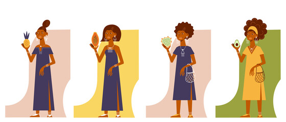 Set of stylish african women with tropical fruits in hands. Vector graceful girls in the dress with papaya, kiwano, avocado and pineapple.