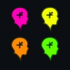 Bald Head With Puzzle Piece four color glowing neon vector icon