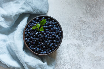 Fresh bilberry in a cup on a textured light background. top view with copy space for your text