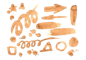 Coffee splash spots. Doodle symbols. Different brush strokes.. Dirty tea stain or stamp