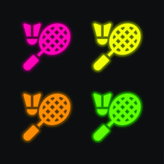 Badminton four color glowing neon vector icon