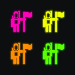 Astronaut Space Traveller With A Flag four color glowing neon vector icon