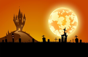 illustration halloween festival background,full moon on dark night with black cat on the grave,many ghost and devil walking to castle for celebration halloween day
