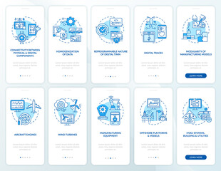 Digital twin onboarding mobile app page screen set. Modern computers walkthrough 5 steps graphic instructions with concepts. UI, UX, GUI vector template with linear color illustrations
