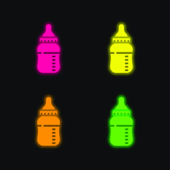 Baby Bottle four color glowing neon vector icon