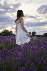 Fototapeta na wymiar Woman in a white dress walks and has fun in the lavender fields