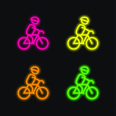 Biker With Helmet four color glowing neon vector icon