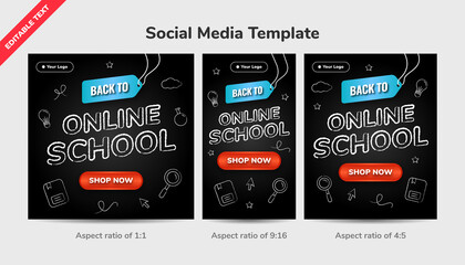 Back to online school social media template background with editable text effect and icon chalk style on black board.