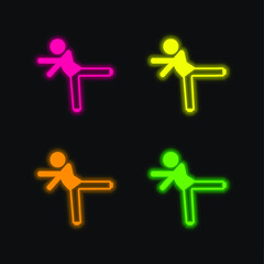 Boy Kicking With Left Leg four color glowing neon vector icon