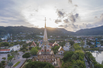 .aerial panorama view scenery sunset above Chalong pagoda in Phuket province..Chalong temple is the...