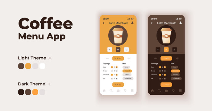 Coffee menu cartoon smartphone interface vector templates set. Mobile app screen page night and day mode design. Caffeinated beverages ordering UI for application. Phone display with flat character