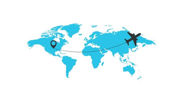 Gray plane flying on the world's map leaving a trail behind animation video