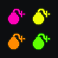 Bomb With Burning Fuse four color glowing neon vector icon