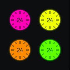 24 Hours four color glowing neon vector icon