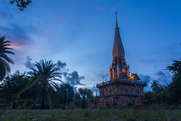 scenery blue sky above Chalong pagoda in Phuket province..Chalong temple is the one popular landmark in phuket.blue sky scape sky sunset.travel culture concept.