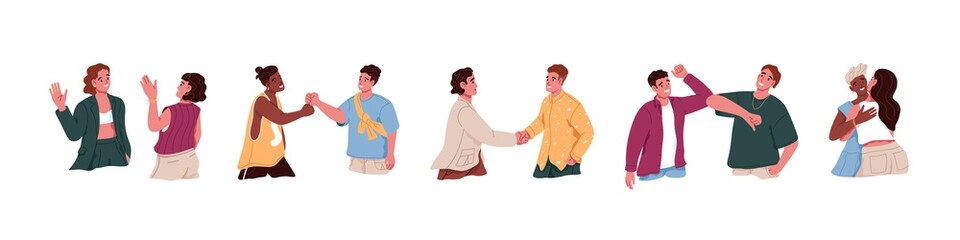 Set of people greeting each other, saying hello in different manners. Various hi gestures such as waving hands, handshake, fist and elbow bump, hugging. Flat vector illustration isolated on white. © Paper Trident