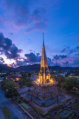 .aerial panorama view colorful cloud above pagoda of Chalong pagoda in twilight..beautiful...