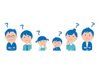 六人家族  横並び  上半身  ハテナ  ブルー系
