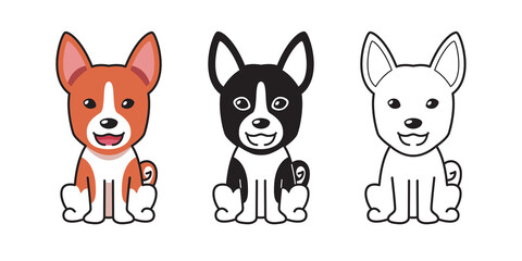 Vector cartoon set of cute basenji dog for design.