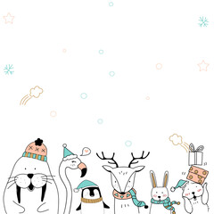 Hand drawn animals enjoying a Christmas holiday