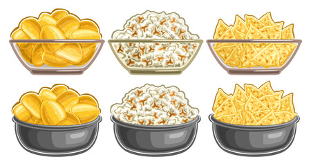 Vector set of Snacks in Bowls, collection of cut out illustrations tasty potato chips in full transparent bowl, cartoon pop corn with sweet caramel flavors, triangle nachos in dish on white background