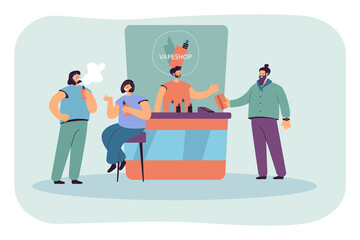 Modern vape store counter flat vector illustration. Vape showcase, seller and smokers buying liquid vaping juices from showcase. Smoking, electronic cigarette, shop concept for banner design