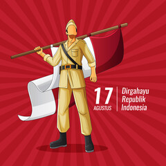 indonesian Independence greeting card with hero holding Indonesian flag