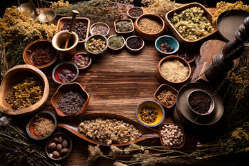 Obraz na płótnie Canvas Natural medicine background. Assorted dry herbs in bowls and brass mortar on rustic wooden table.