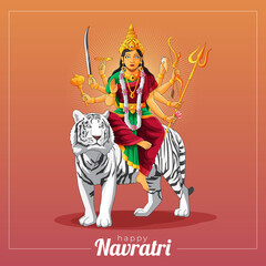 sharad navratri greeting card with Durga goddess and white tiger