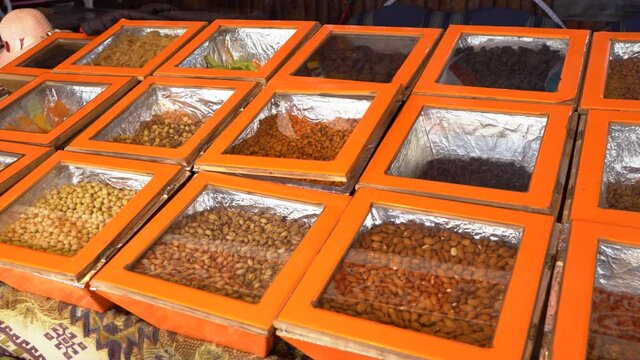 Many different nuts and seeds selling outdoors on small market in Turkey