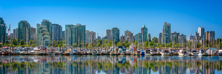 Vancouver skyline, panorama from Stanley Park in summer, Bristish Columbia,  Canada