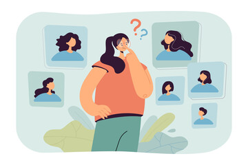 Young woman making decision about her hairstyle. Flat vector illustration. Girl choosing type of haircut in Internet. Hairdresser, image, beauty, style, technology concept for banner design